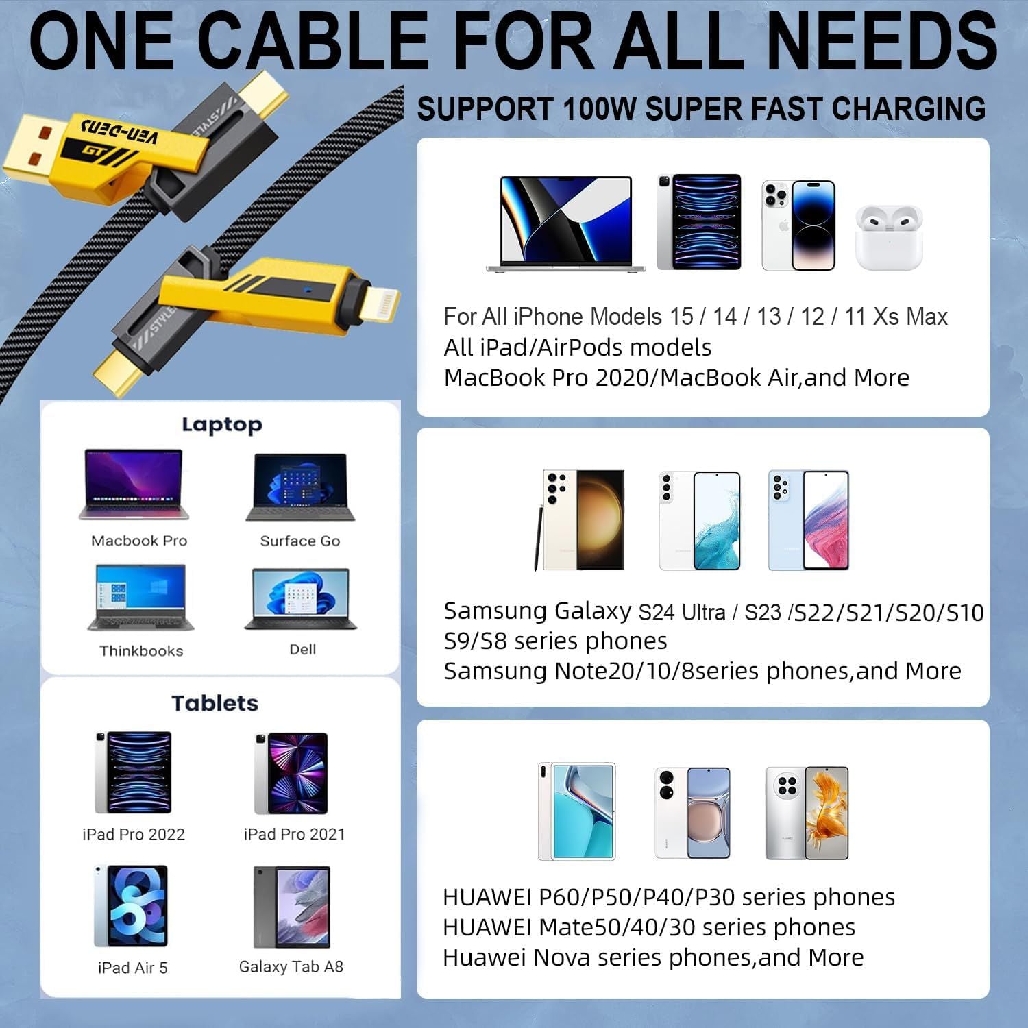 4-in-1 Gold-Plated USB Charging Cable – 65W Fast Charge - Arabinox
