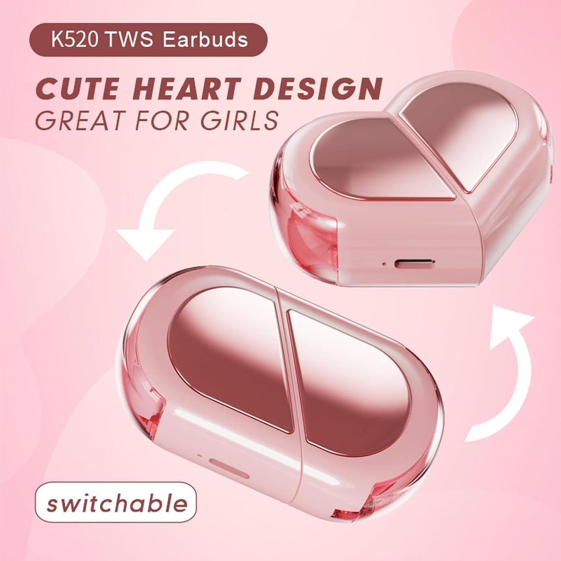 Pink Heart Design Wireless Earphones for Girls - Arabinox